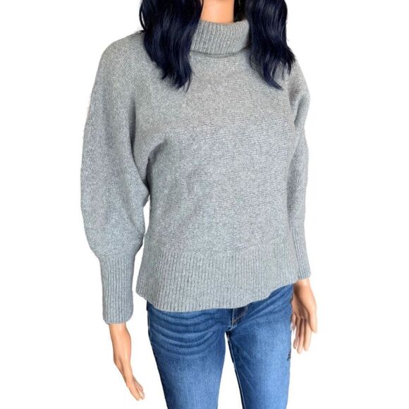Halogen Gray Puff Sleeve Turtleneck Medium Merino Wool Alpaca Blend Knit - Picture 2 of 6